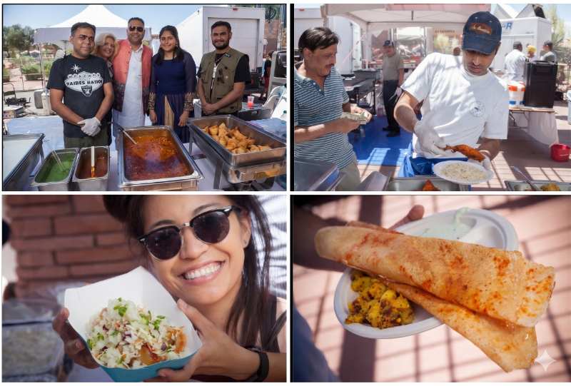 A four-panel collage featuring a variety of scenes from the Indian Food Festival in Las Vegas, showcasing the people and the vibrant food!