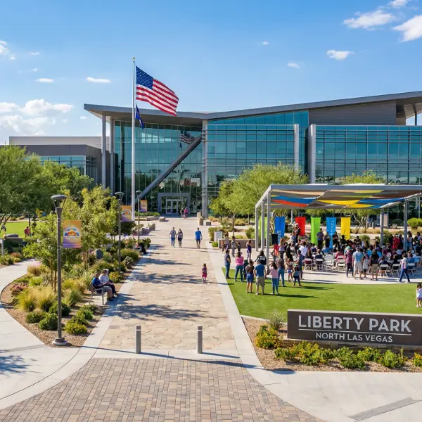 A wide view of Liberty Park in North Las Vegas, showing the civic plaza and landscaped event space in front of City Hall.