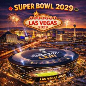 Allegiant Stadium in Las Vegas illuminated at night with fireworks celebrating Super Bowl 2029, featuring the corrected ‘WELCOME LAS VEGAS 2029’ marquee sign and the city skyline including the Eiffel Tower replica and Stratosphere Tower.