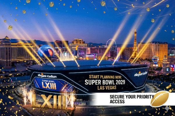 A promotional banner for Super Bowl LXIII in Las Vegas, showing Allegiant Stadium at night with the Las Vegas Strip skyline. Large golden text on the stadium and a side panel promotes 'Super Bowl 2029 Las Vegas' and 'Secure Your Priority Access' with gold confetti and searchlights.