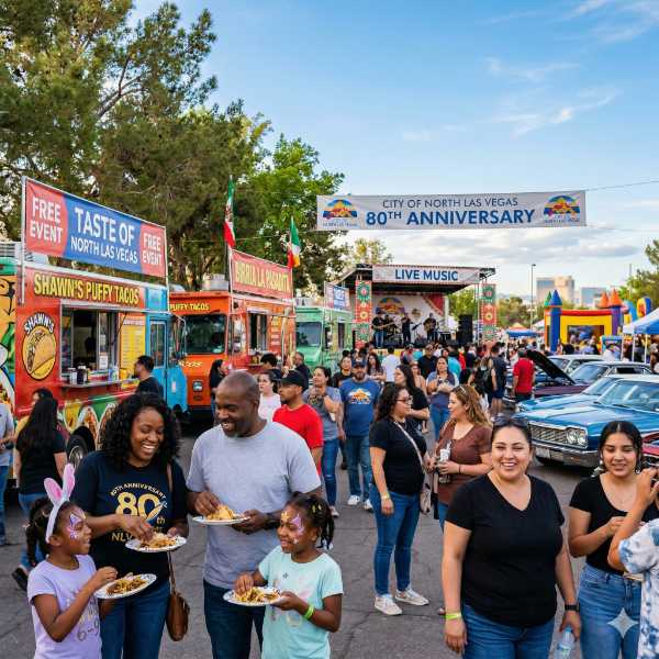 Families enjoying food from Shawn's Puffy Tacos at the Taste of North Las Vegas 80th Anniversary event.