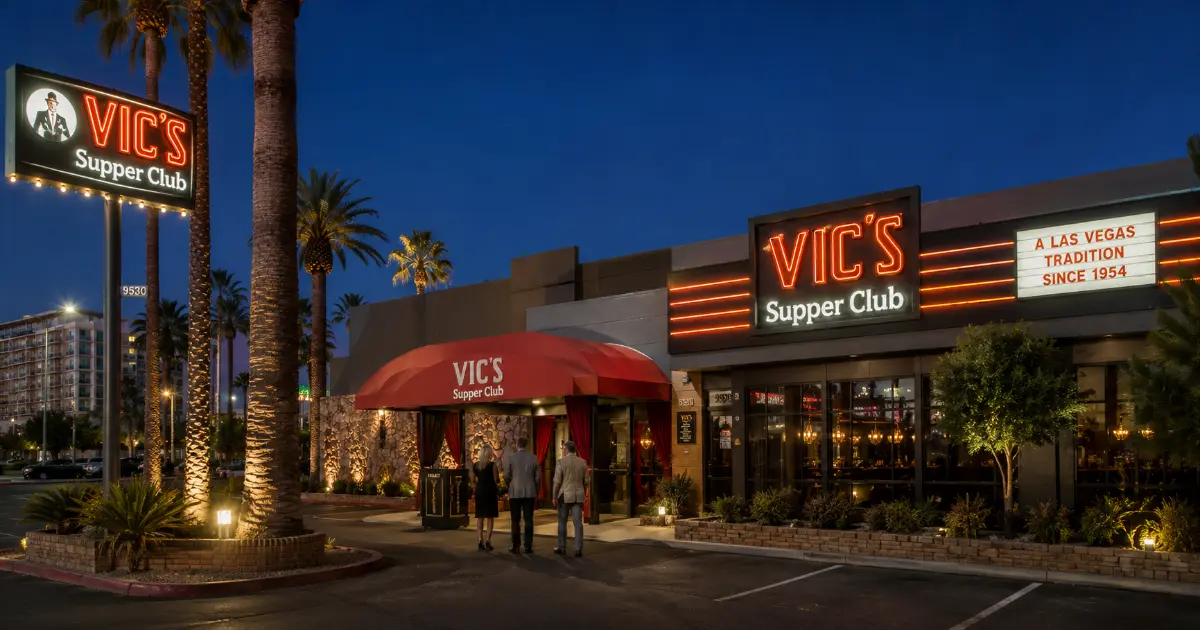 exterior of Vic's Supper Club in Las Vegas showing the illuminated entrance, permanent signage, palm trees, and guests arriving for live dining and entertainment.