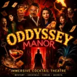 Oddyssey Manor immersive cocktail theatre thumbnail featuring mysterious characters, glowing cocktails, circus performers, and secretive cabaret vibes inside AREA15 Las Vegas. Experience a surreal nightlife adventure filled with immersive storytelling, theatrical performances, hidden rooms, and interactive mystery.