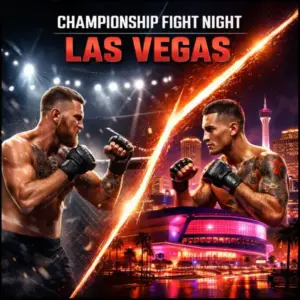 Promotional image for Championship Fight Night in Las Vegas showing two MMA fighters facing off inside an octagon under bright arena lights, divided by a glowing diagonal beam with T‑Mobile Arena and the Las Vegas skyline illuminated in magenta on the right.