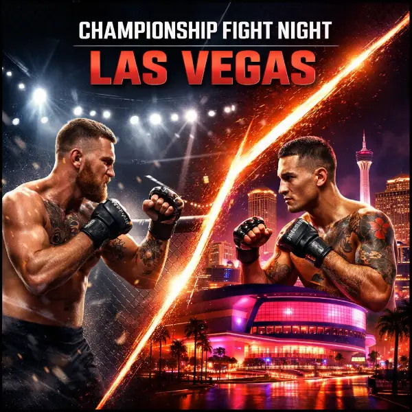 Promotional image for Championship Fight Night in Las Vegas showing two MMA fighters facing off inside an octagon under bright arena lights, divided by a glowing diagonal beam with T‑Mobile Arena and the Las Vegas skyline illuminated in magenta on the right.
