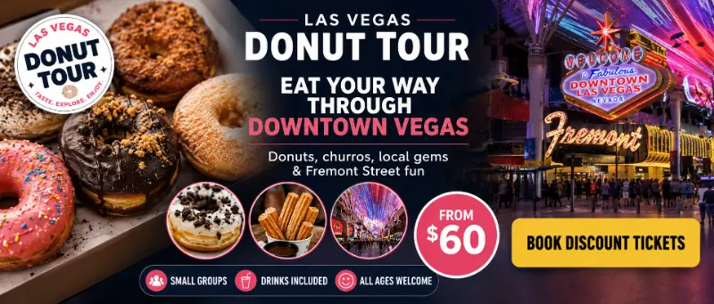 Visual for the Downtown Las Vegas Donut Tour featuring gourmet donuts, churros, Fremont Street, and discount tickets from $60