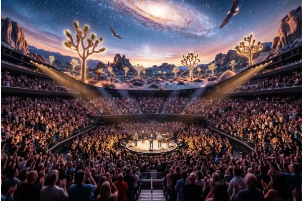 The Eagles performing live on stage at Sphere Las Vegas, surrounded by massive immersive visuals of a Joshua Tree desert under a galaxy sky