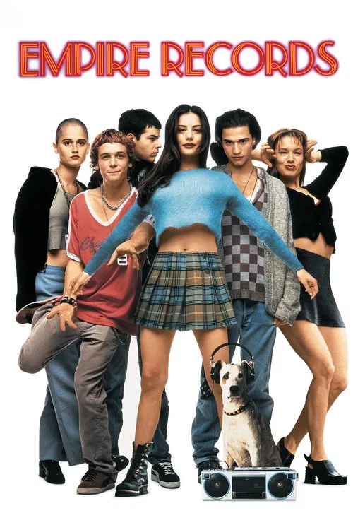 Movie poster for Empire Records showing a line of young record store employees posing playfully in 90s alternative fashion with a small dog wearing headphones next to a silver boombox on a clean white background.