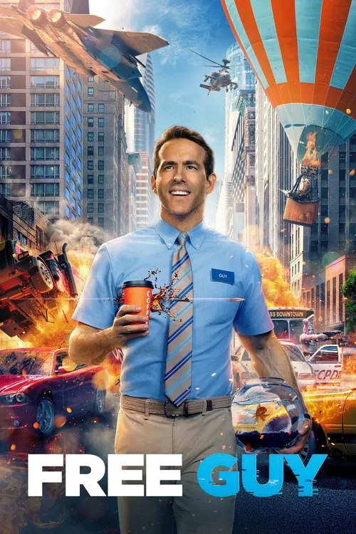 Action-comedy movie poster for Free Guy featuring Ryan Reynolds smiling in a blue button-down shirt and tie while holding a coffee cup and a goldfish bowl amidst a chaotic city explosion with fighter jets and hot air balloons.