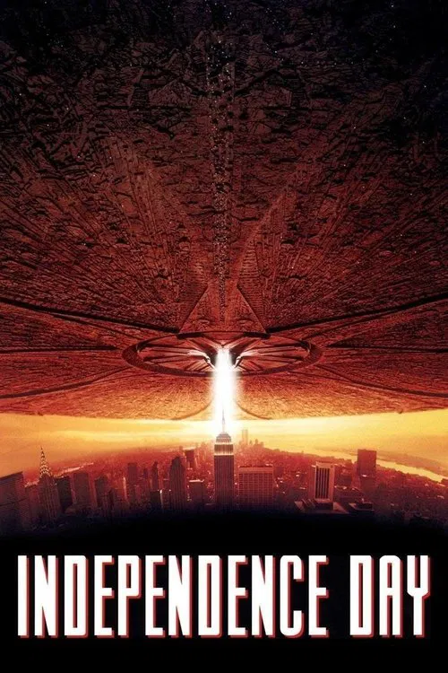 Sci-fi movie poster for Independence Day featuring a massive alien mothership hovering directly over the Empire State Building and New York City skyline as a destructive beam of light strikes downward.