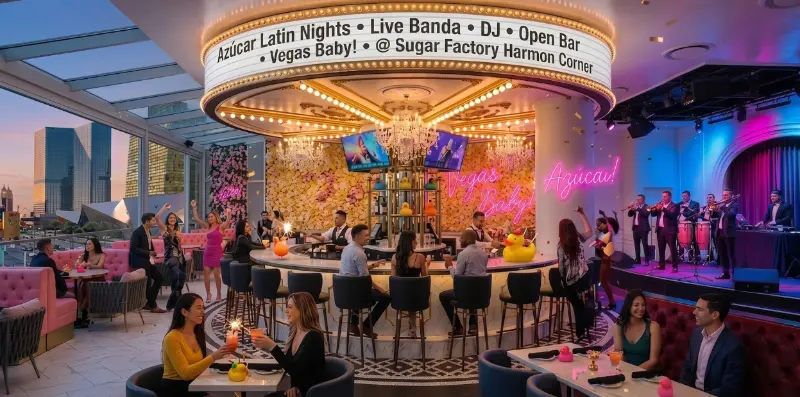 Azúcar Latin Nights party at Sugar Factory on the Las Vegas Strip featuring a live DJ, drinks, and a dancing crowd.