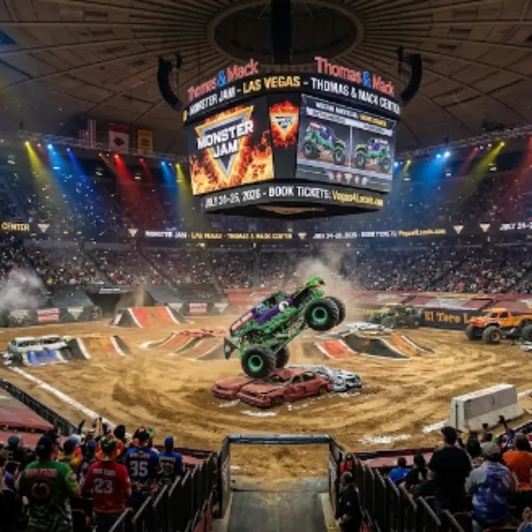 Monster Jam Trucks drive over smashed cars at the Thomas & Mack Center in Las Vegas