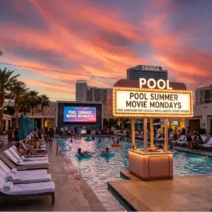 Guests swimming and relaxing on lounge chairs at the SAHARA Las Vegas pool during a free Pool Summer Movie Mondays outdoor cinema event at sunset.