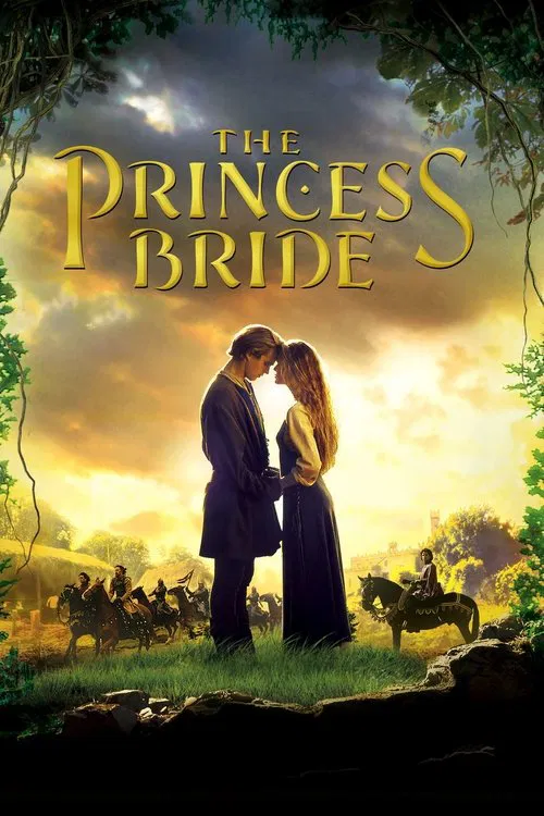 Fairytale movie poster for The Princess Bride showing Westley and Buttercup standing close together on a grassy hill, gazing into each other's eyes during a bright golden sunset surrounded by a lush forest frame.