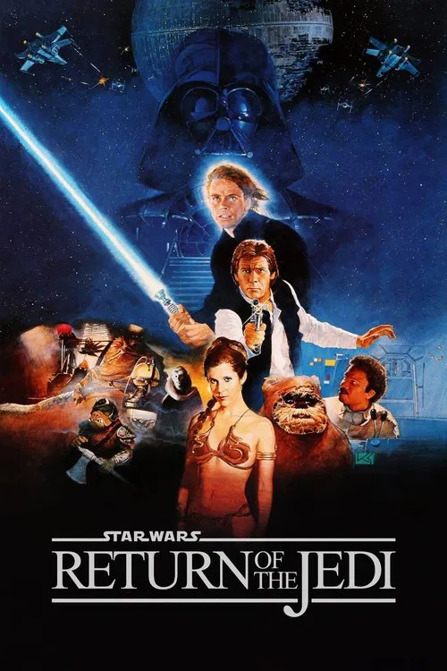 Star Wars Episode VI Return of the Jedi movie poster featuring Luke Skywalker holding a glowing blue lightsaber alongside Han Solo, Princess Leia, Chewbacca, and Ewoks, with a large silhouette of Darth Vader and the Death Star in the dark background.