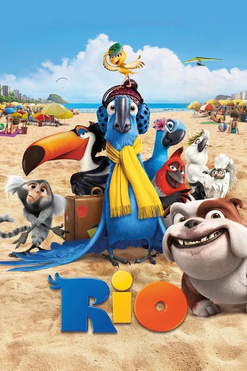 Animated movie poster for Rio featuring Blu the blue macaw with Jewel, a toucan, and a bulldog smiling on a sunny tropical beach under a bright blue sky.