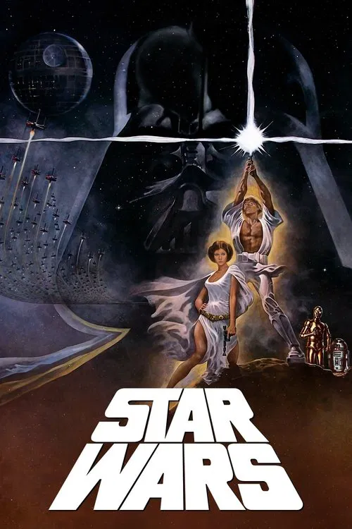 Original Star Wars Episode IV A New Hope movie poster showing Luke Skywalker raising a shining lightsaber to the sky beside Princess Leia, with Darth Vader's large helmet looming in deep space behind X-wing starfighters.