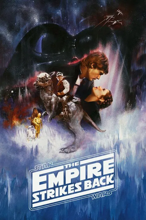 Star Wars Episode V The Empire Strikes Back movie poster showing Han Solo and Princess Leia embracing, Luke Skywalker riding a Tauntaun on ice planet Hoth, and Darth Vader's looming mask behind a sky filled with stars.