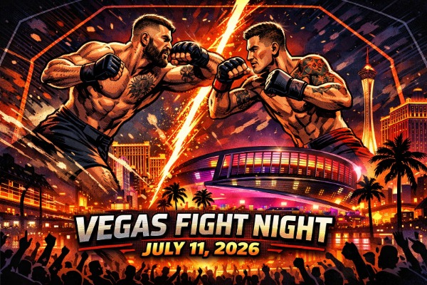 Comic‑book style Las Vegas fight night illustration showing two MMA fighters clashing mid‑air above T‑Mobile Arena, neon Las Vegas Strip skyline glowing in the background, and bold ‘Vegas Fight Night – July 11, 2026’ event banner.