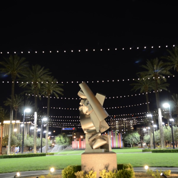A nighttime view of Symphony Park in Downtown Las Vegas