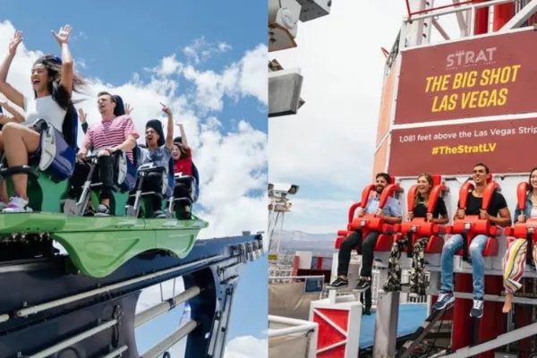 Thrill seekers scream with excitement while riding the Big Shot and X-Scream at the Stratosphere.