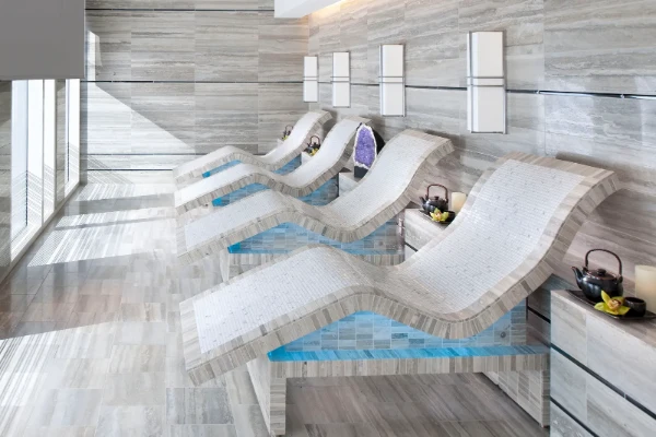 The ultra-exclusive Shanghai-themed relaxation lounges overlooking the Strip skyline at The Spa at Waldorf Astoria Las Vegas