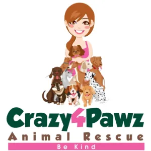 Crazy4Pawz Animal Rescue logo showcasing an illustrated woman holding a dog surrounded by puppies and cats for Las Vegas pet adoptions.