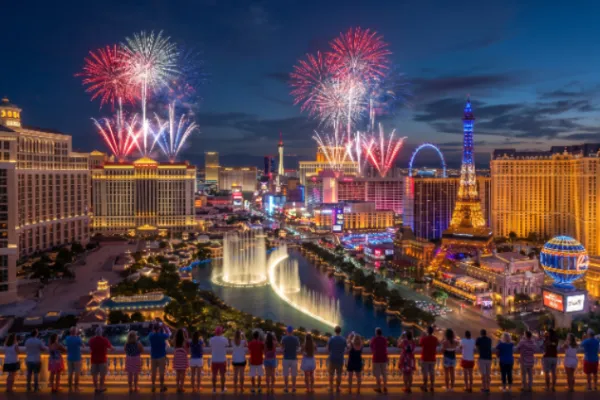 Fourth of July fireworks over Bellagio on the Las Vegas Strip