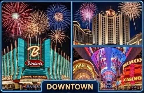 Fireworks explode over the downtown Las Vegas casino area on Fremont Street