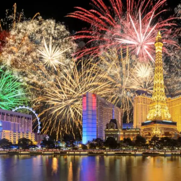 Fireworks exploding over the Las Vegas Strip in celebration of the Fourth of July
