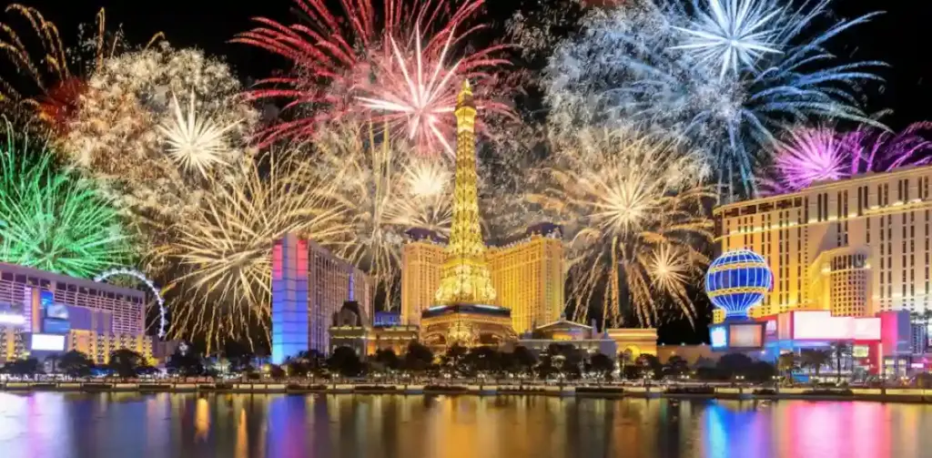A panoramic view of the Fourth of July fireworks show on the Las Vegas Strip.