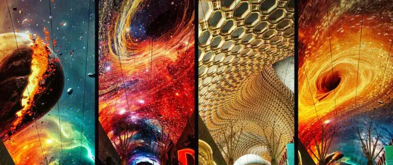 Viva Vision canopy light show at Fremont Street Experience in downtown Las Vegas with colorful cosmic visuals above casino crowds