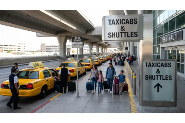 The Terminal 1 transit area and ground transportation setup at Harry Reid International Airport in Las Vegas.