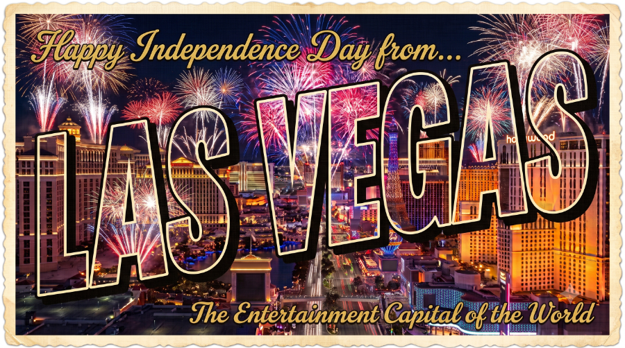 Vintage Las Vegas postcard with Fourth of July fireworks launching from casino rooftops on the Las Vegas Strip