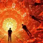 Visitors stand inside a dazzling immersive art tunnel glowing with vivid orange and red mirrored light patterns, reflecting geometric mandala designs that create a surreal, futuristic Las Vegas‑style experience.