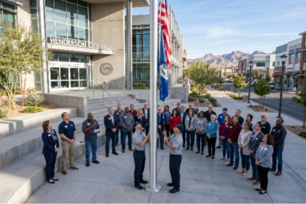 Community organizers and local residents gather outside Henderson City Hall during a morning civic flag raising ceremony