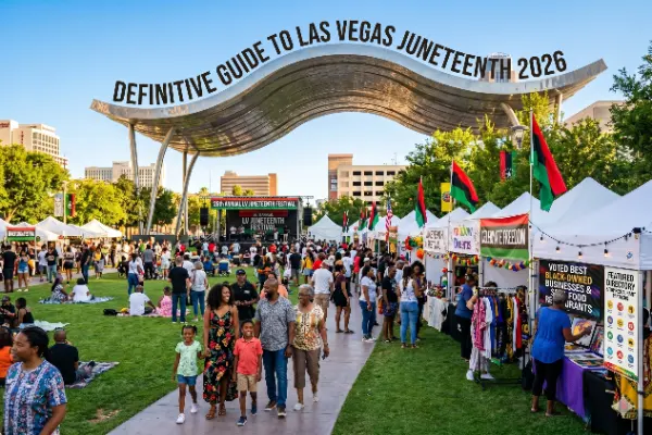 Multi-generational family having a picnic at Symphony Park during the Las Vegas Juneteenth Festival with The Smith Center in the background