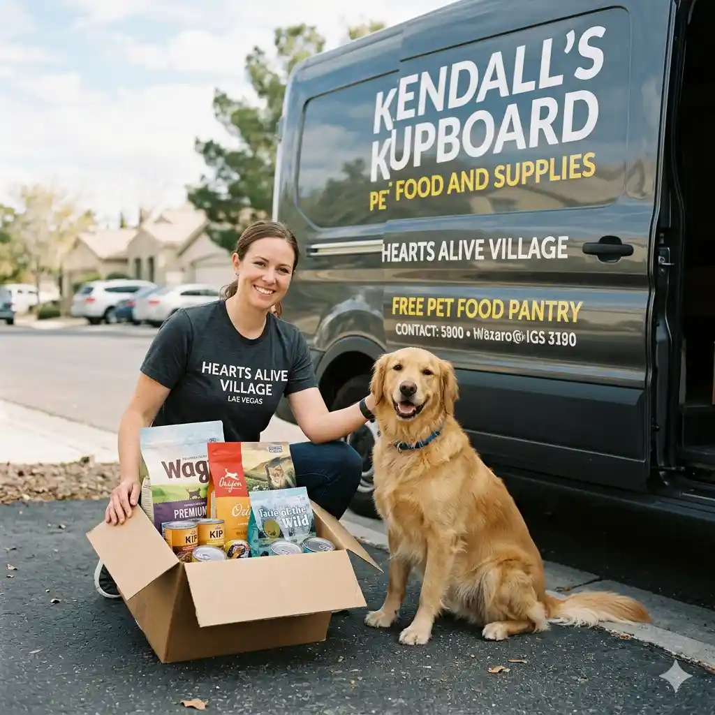 Hearts Alive Village Kendall's Kupboard pet food support services banner.