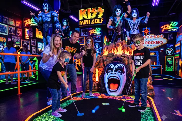 A family of four happily plays mini-golf at the neon-lit KISS By Monster Mini Golf inside the Rio Hotel in Las Vegas.