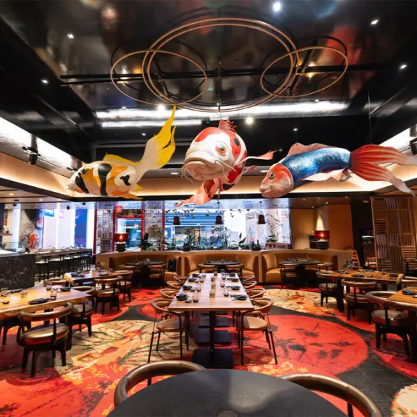 A wide view of the dining area at Kusa Nori restaurant inside Resorts World Las Vegas