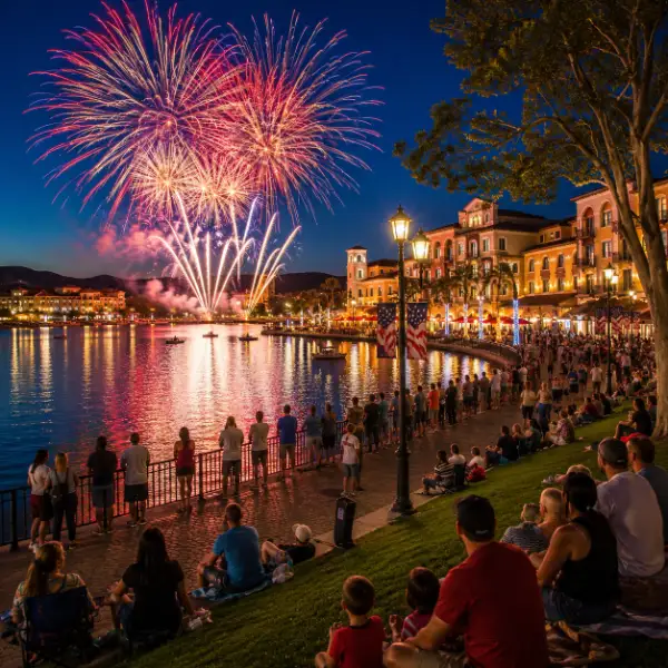 Fourth of July fireworks over Lake Las Vegas with people watching from the village walkway and grassy hillside