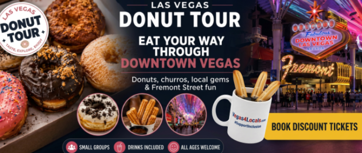 Las Vegas Delicious Donut Tour banner with downtown Las Vegas images and Vegas4Locals coffee mug