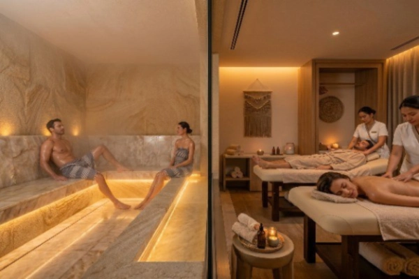 A luxury Las Vegas resort spa split view showing a couple receiving a relaxing side-by-side couples massage on the left and a couple unwinding inside a warm marble Turkish Hammam steam room on the right