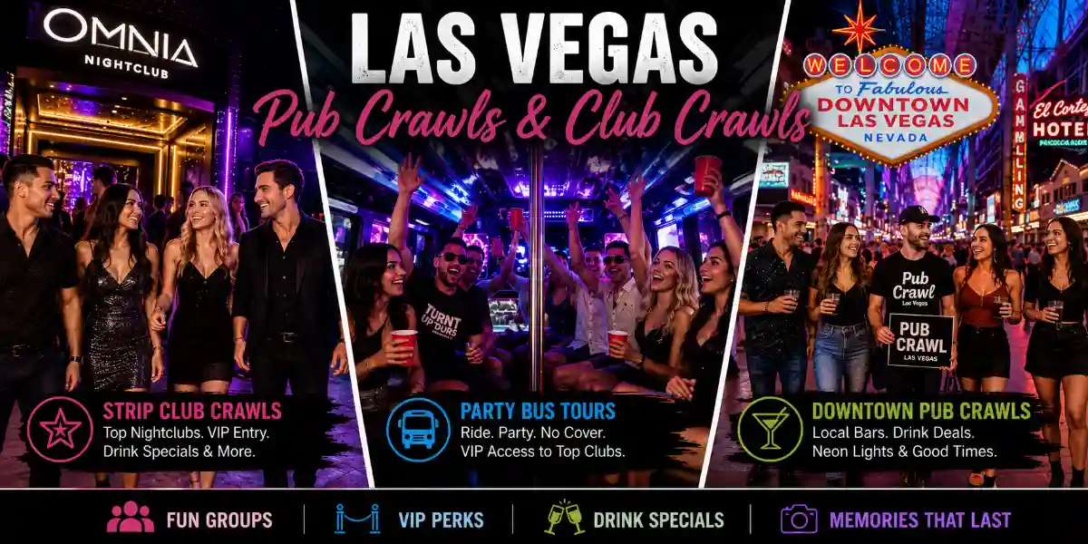 Las Vegas pub crawls and club crawls nightlife guide showing Strip nightclub guests, a party bus tour, and a Fremont Street pub crawl group.