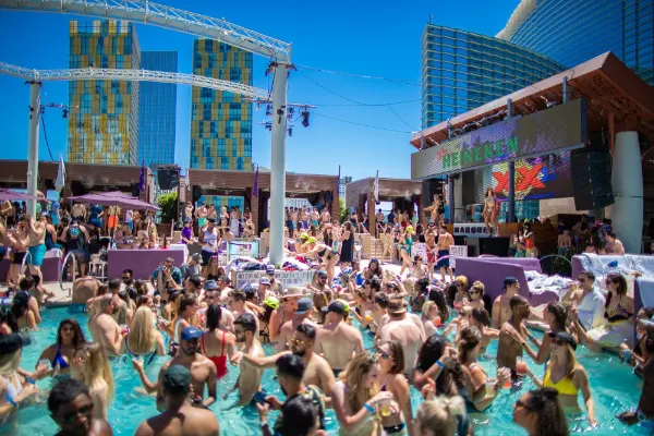 Marquee Dayclub at The Cosmopolitan of Las Vegas with pool party guests DJs and Strip daylife atmosphere