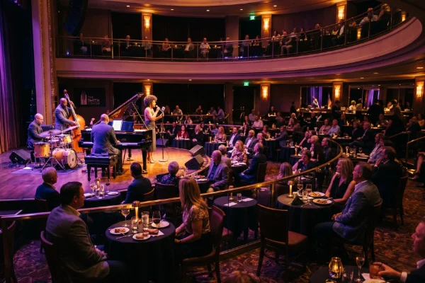 Patrons enjoying table service at Myrons Cabaret Theater during a live acoustic jazz performance