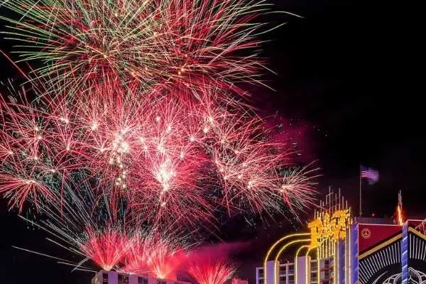Fourth of July fireworks over the Plaza Hotel and Casino in Downtown Las Vegas