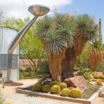 A giant aluminum watering can next to twin palm trees and pebble stone walking paths at the Springs Preserve Botanical Gardens in Las Vegas