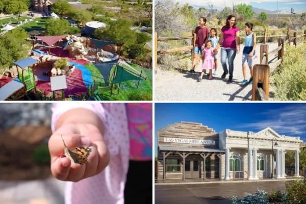 Springs Preserve Las Vegas collage showing botanical gardens, exhibits, and desert scenery