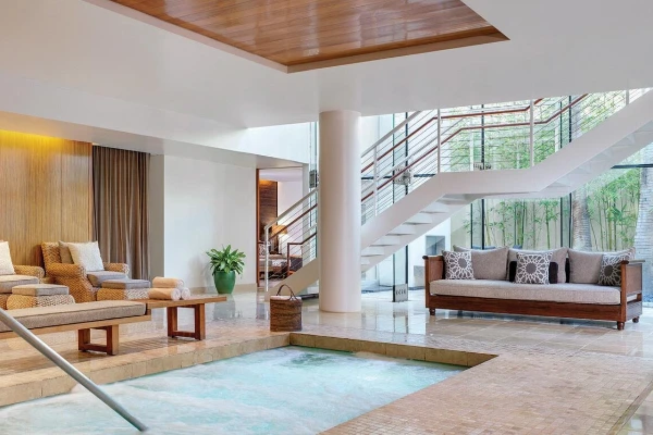The peaceful, Mediterranean-inspired private spa pool and sun lounging deck at Green Valley Ranch Resort in Henderson